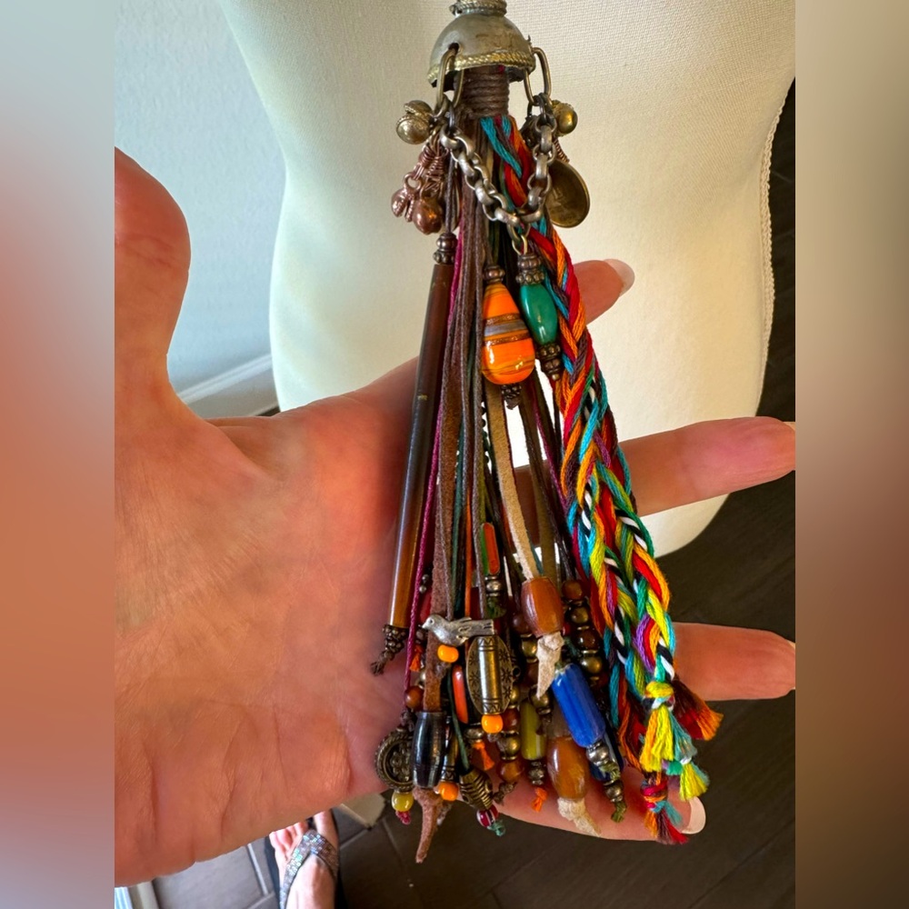 Long Turquoise Necklace with Unique Silver /Beads/Fabric/Leather Large Tassel